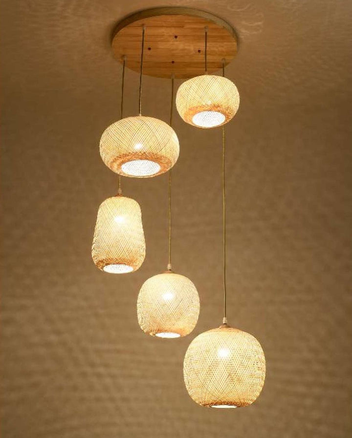 Rustic Bamboo Pendant Light set of 5 different shapes