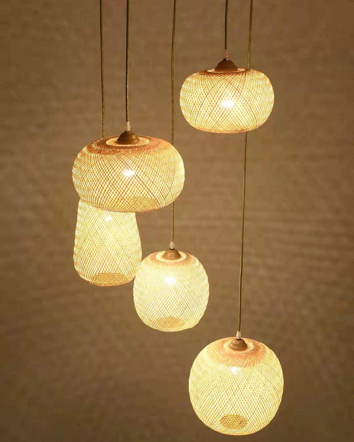 Rustic Bamboo Pendant Light set of 5 different shapes