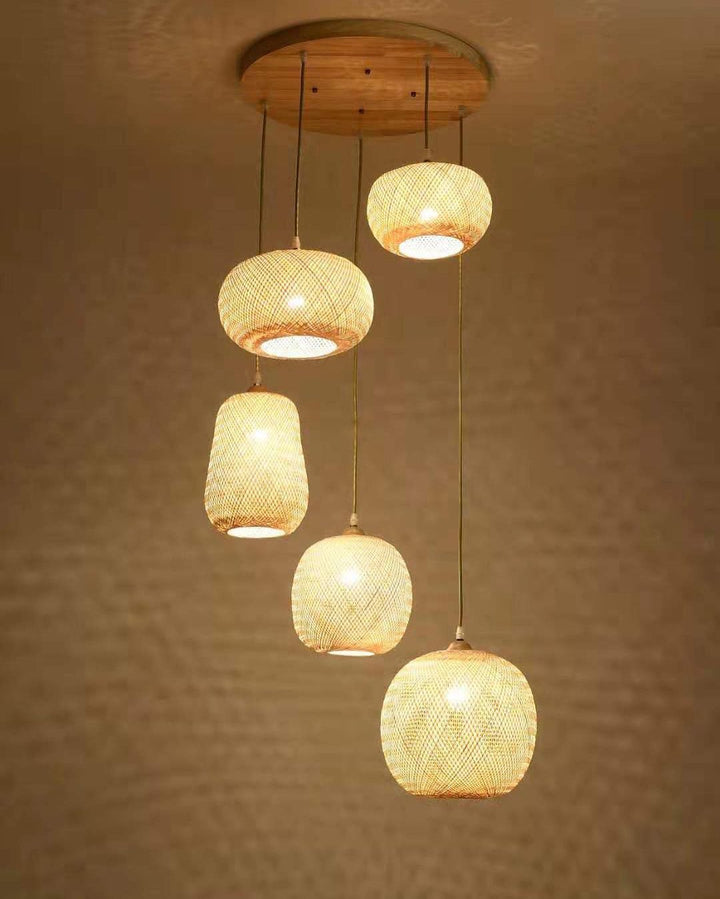 Rustic Bamboo Pendant Light set of 5 different shapes