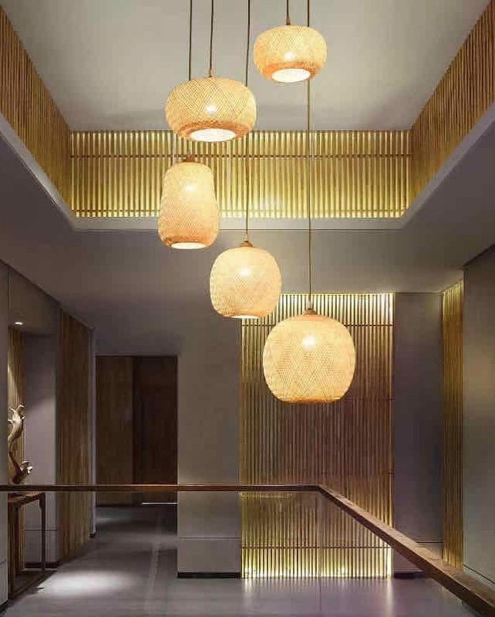 Rustic Bamboo Pendant Light set of 5 different shapes