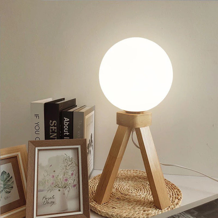 Scandinavian Wooden Tripod Table Lamp with Globe Shade