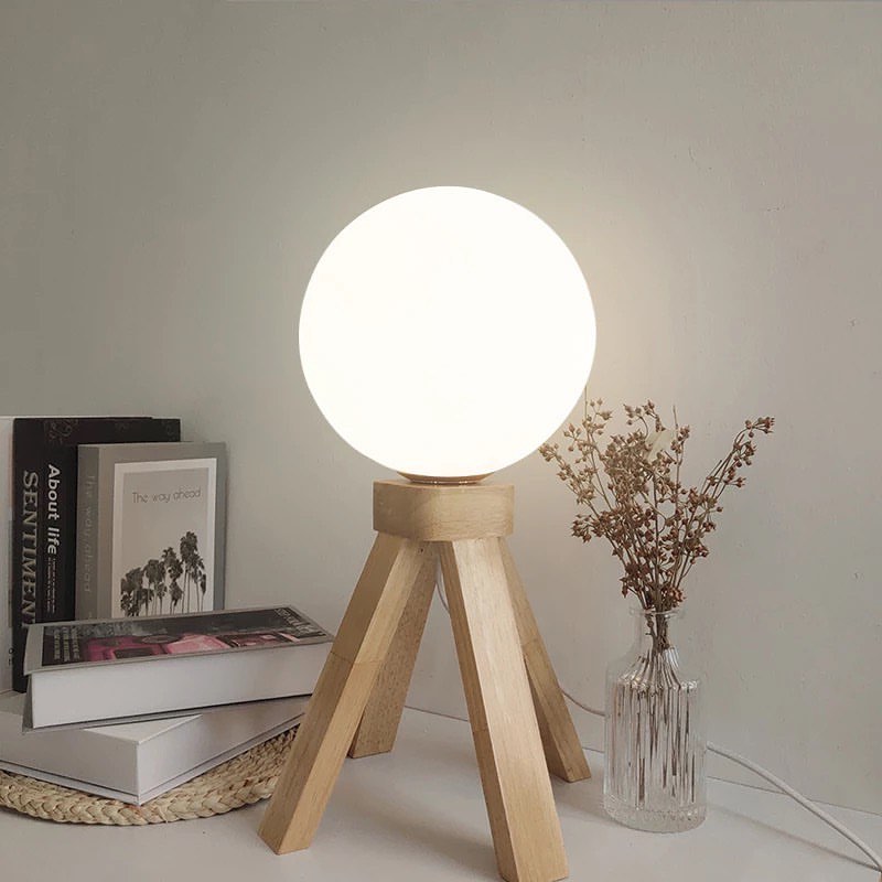 Scandinavian Wooden Tripod Table Lamp with Globe Shade