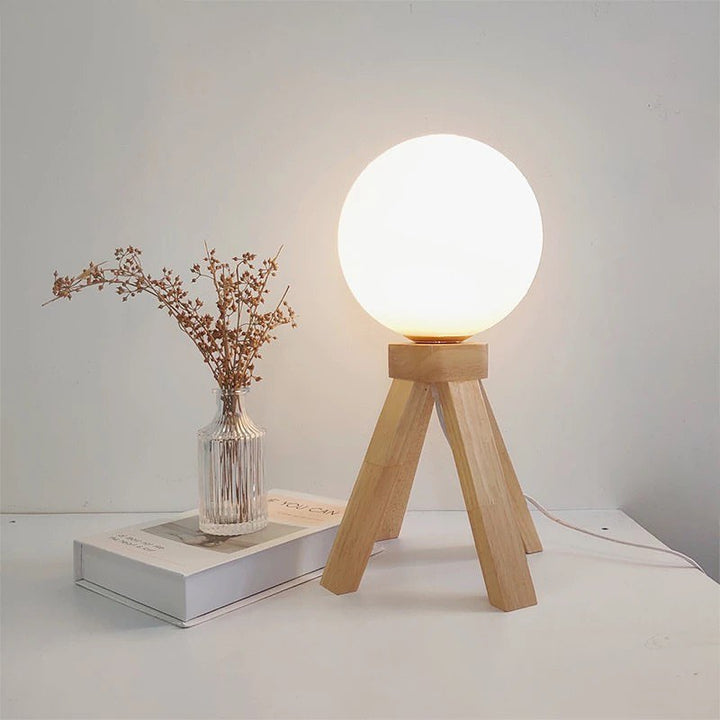 Scandinavian Wooden Tripod Table Lamp with Globe Shade