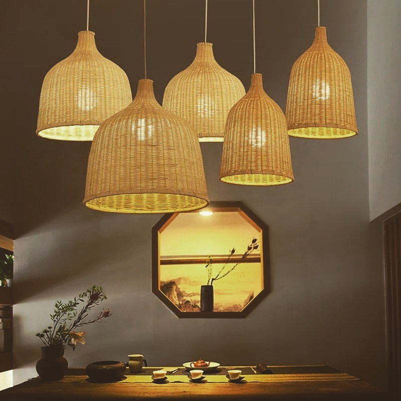 Rustic Rattan Pendant Light Set for Dining Room