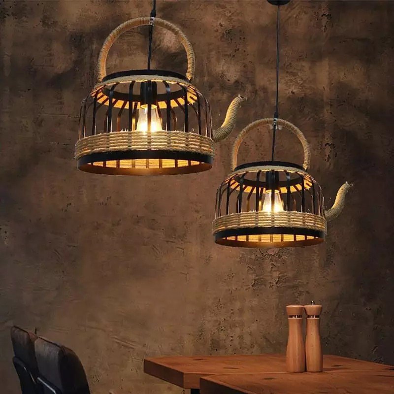 Rustic Teapot Pendant Light with Rope Accent