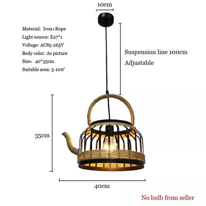 Rustic Teapot Pendant Light with Rope Accent