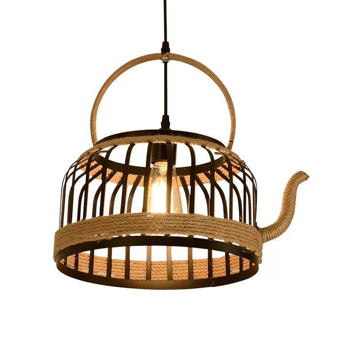 Rustic Teapot Pendant Light with Rope Accent