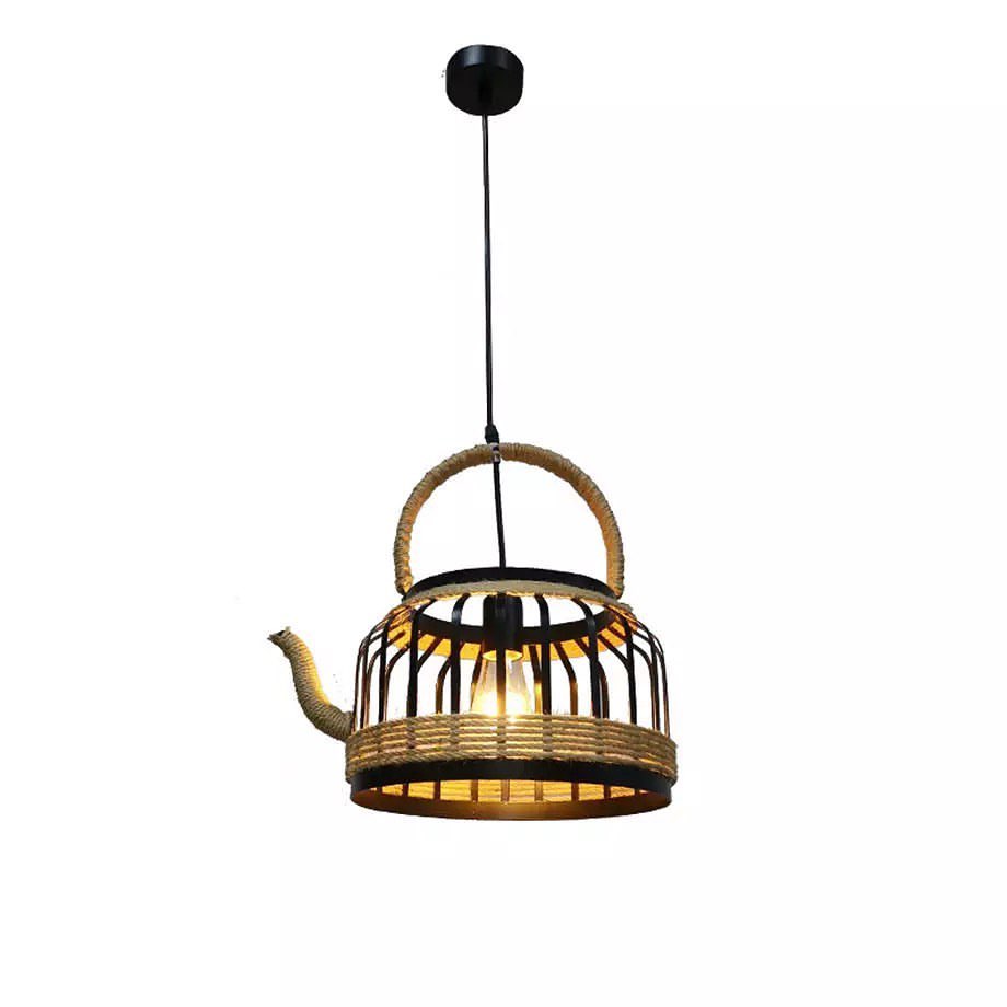 Rustic Teapot Pendant Light with Rope Accent