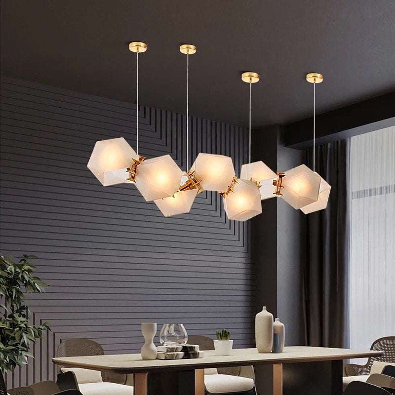 Modern Geometric Pendant LightModern Geometric Pendant Light for Dining Room (8 cells)Illuminate your dining area with this striking modern geometric pendant light, featuring a unique configuration of frosted hexagonal glass shades. Designed to add elPendant LightingWadi Home