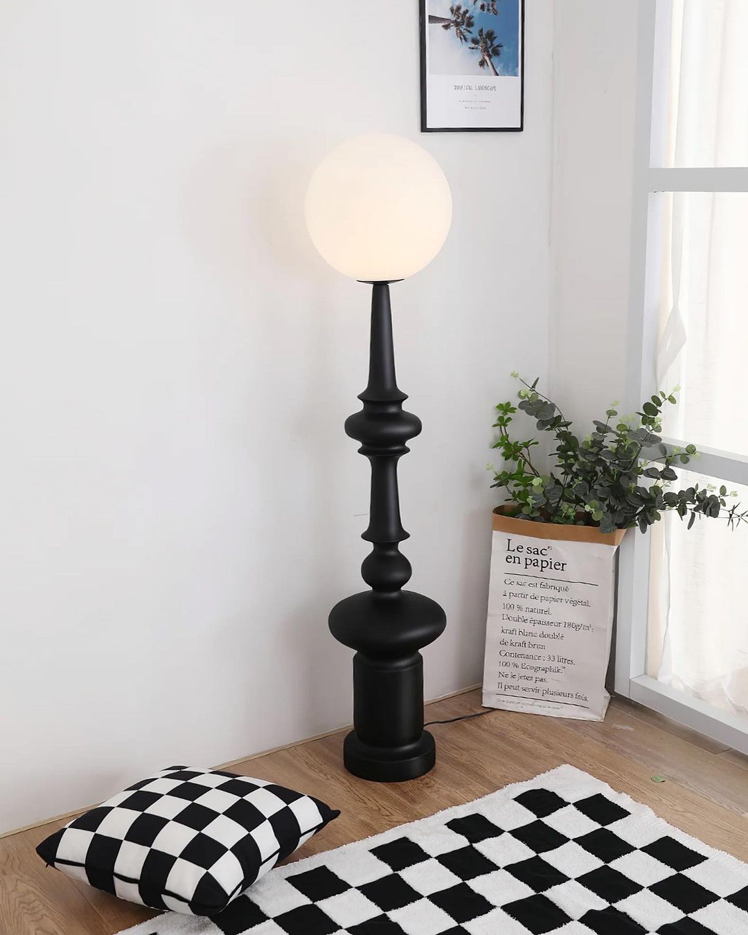 Modern Globe Floor Lamp - Black Base with Opal Glass Shade