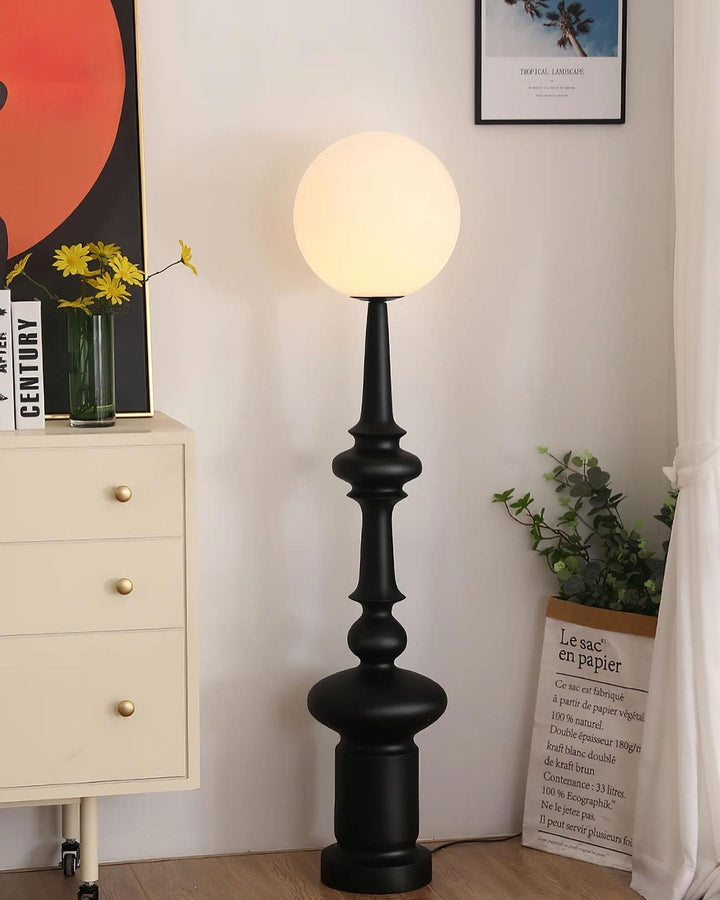 Modern Globe Floor Lamp - Black Base with Opal Glass Shade