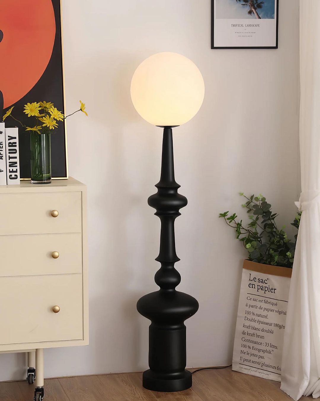 Modern Globe Floor Lamp - Black Base with Opal Glass Shade