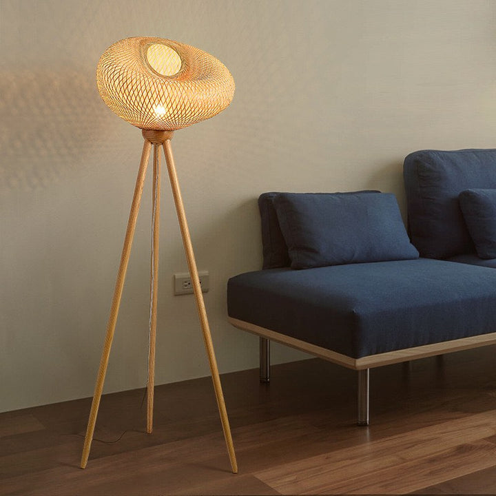 Rustic Tripod Floor Lamp - Woven Rattan Shade with Wooden Legs