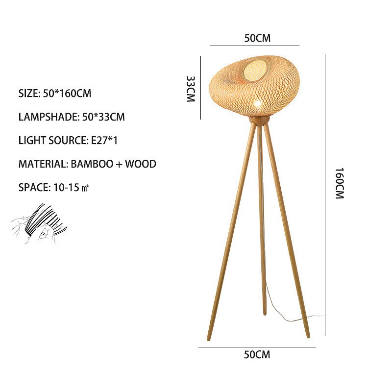 Rustic Tripod Floor Lamp - Woven Rattan Shade with Wooden Legs