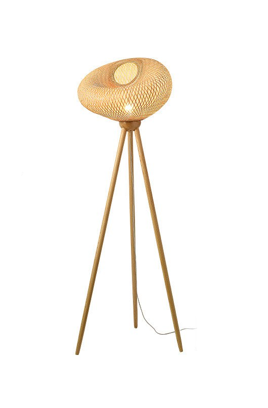 Rustic Tripod Floor Lamp - Woven Rattan Shade with Wooden Legs