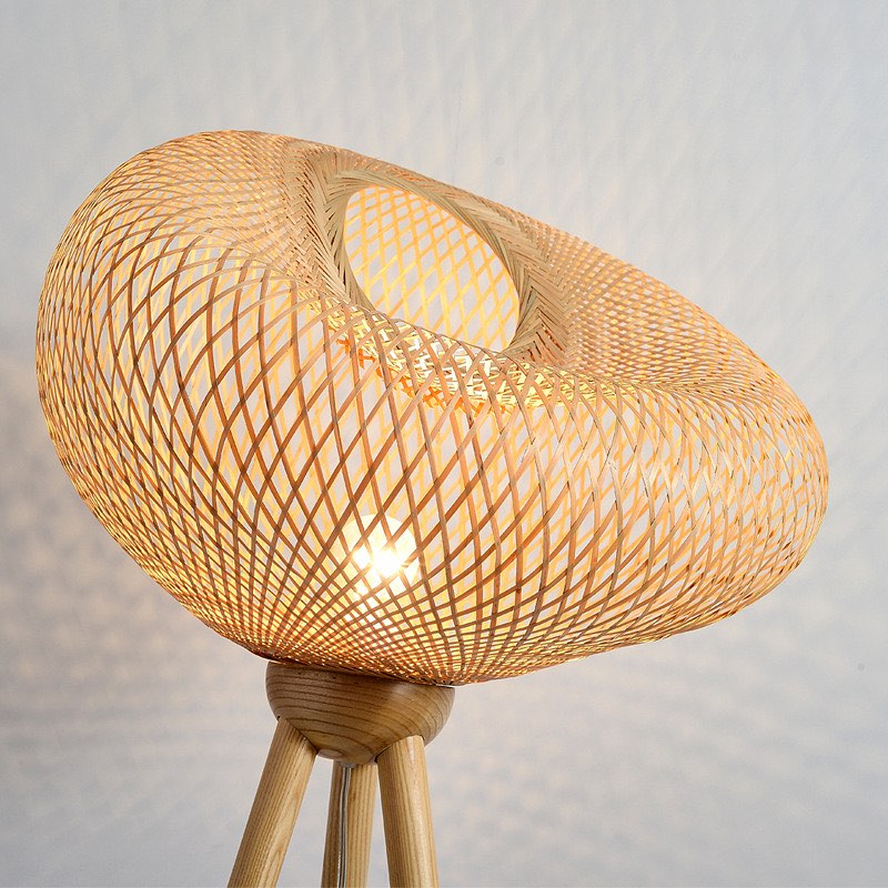 Rustic Tripod Floor Lamp - Woven Rattan Shade with Wooden Legs