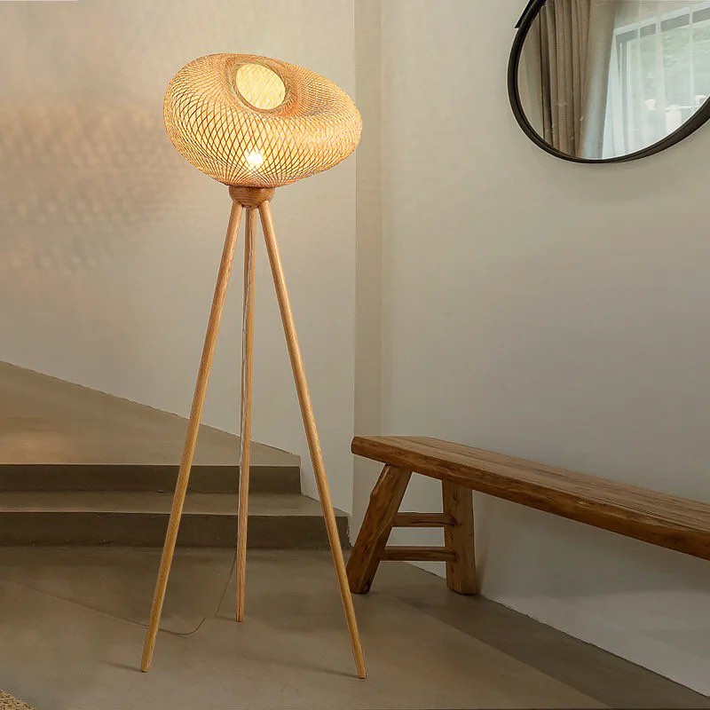 Rustic Tripod Floor Lamp - Woven Rattan Shade with Wooden Legs