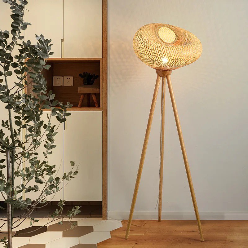 Rustic Tripod Floor Lamp - Woven Rattan Shade with Wooden Legs