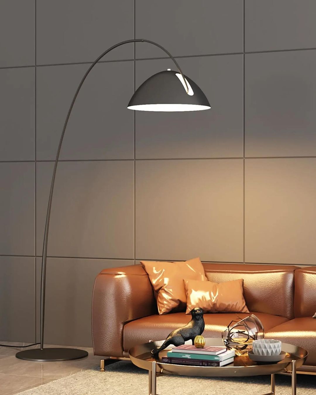 Modern Arched Floor Lamp with Minimalist Black Dome Shade