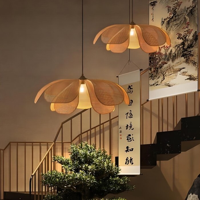 Dual Rattan Petal Pendant Lights