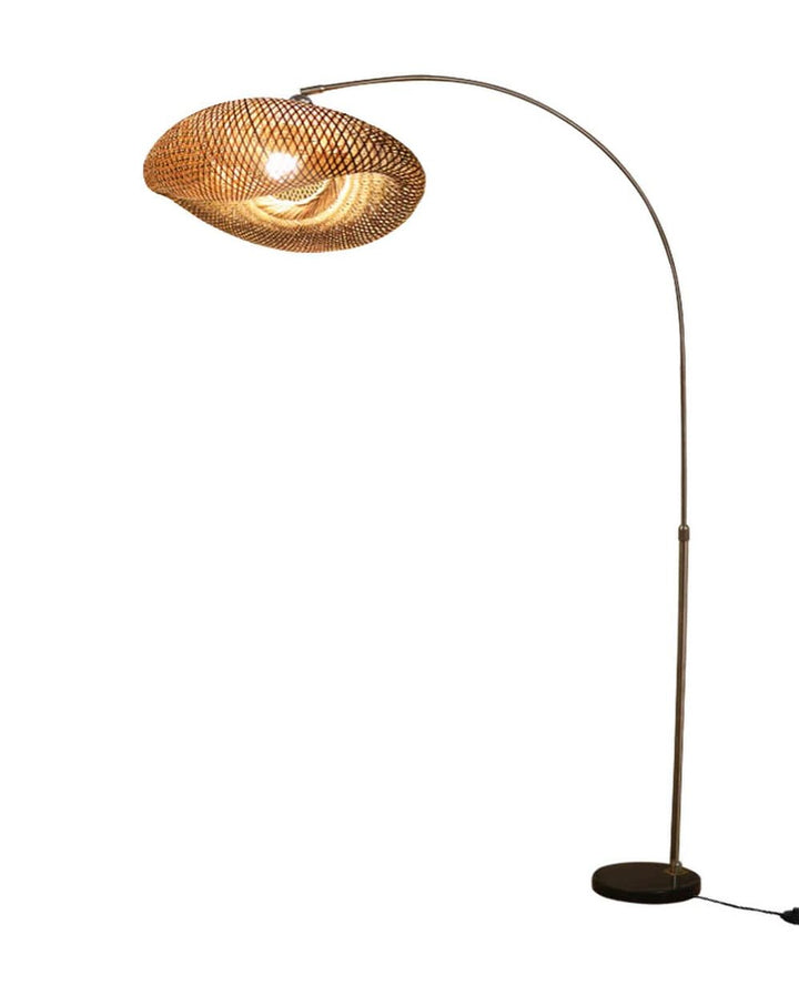 Rustic Floor Lamp with Woven Shade and Curved Base