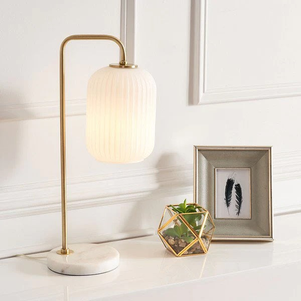 Modern Gold Table Lamp with Ribbed Glass Shade