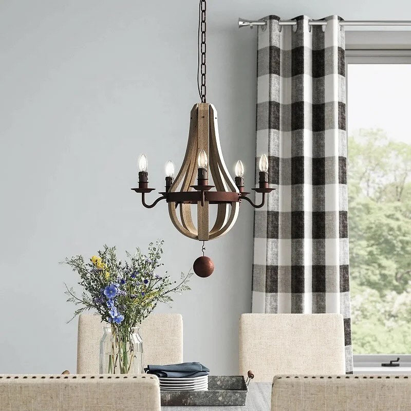 Rustic Wooden Chandelier with Metal Arms for Dining Room