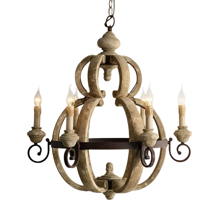 Rustic Candle-Style Chandelier - Antique Wood Design