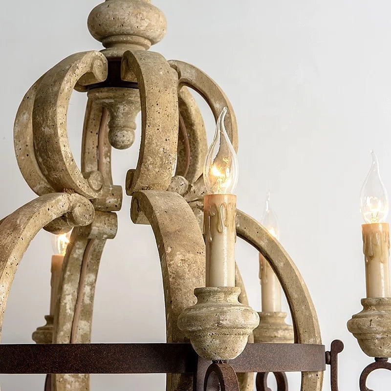 Rustic Candle-Style Chandelier - Antique Wood Design