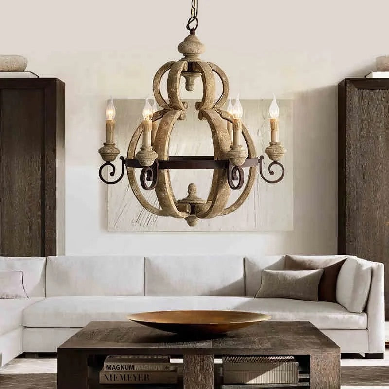 Rustic Candle-Style Chandelier - Antique Wood Design