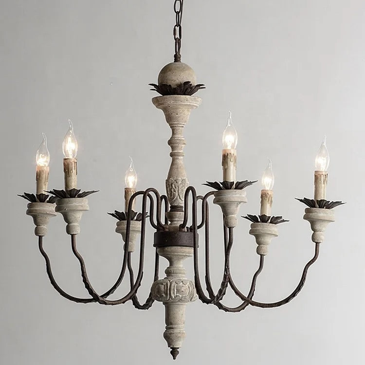 Vintage Candle-Style Chandelier - Distressed Wood Finish