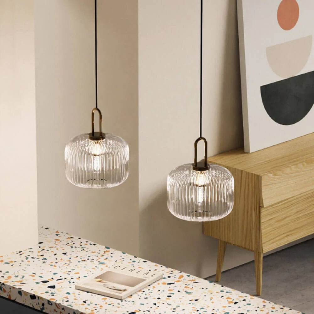 Setthis Modern Ribbed Glass Pendant Light SetThis set of modern pendant lights ...