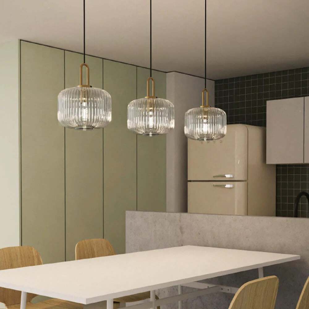 Setthis Modern Ribbed Glass Pendant Light SetThis set of modern pendant lights ...