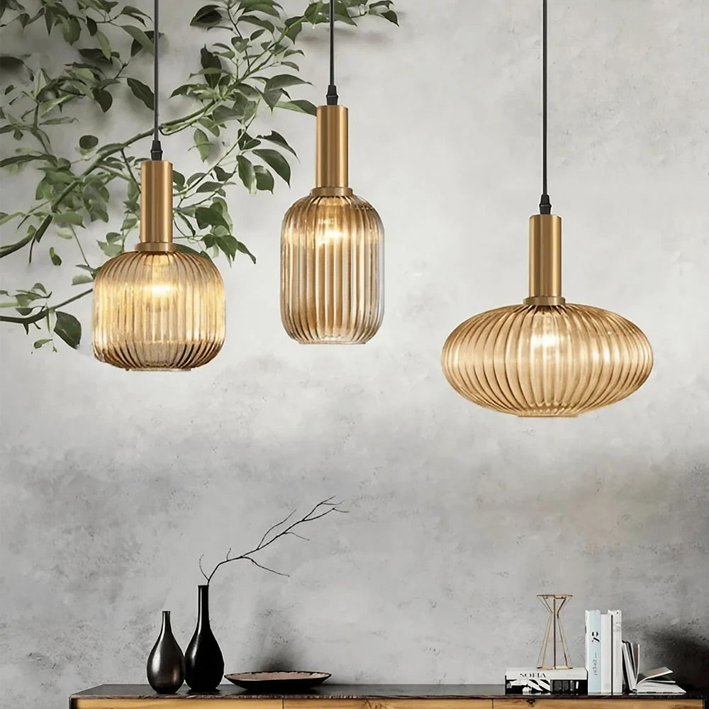 Modern Brass and Ribbed Glass Pendant Light Trio