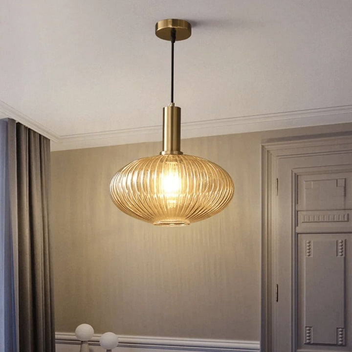 Modern Brass and Ribbed Glass Pendant Light Trio