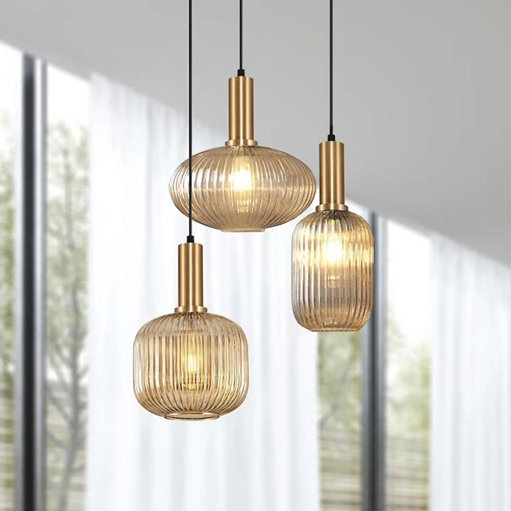 Modern Brass and Ribbed Glass Pendant Light Trio