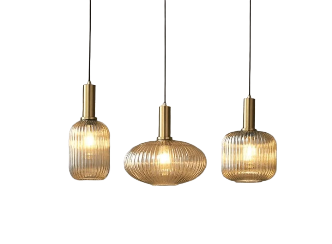 Modern Brass and Ribbed Glass Pendant Light Trio