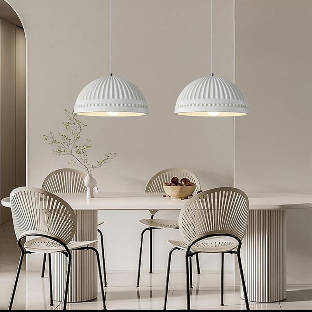 Classic White Dome Pendant Light with Ornamental Grooves