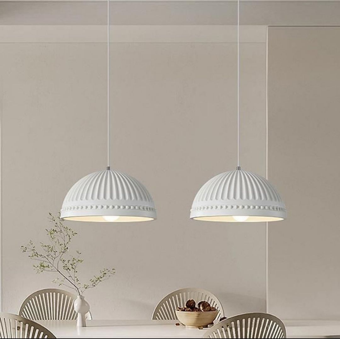 Classic White Dome Pendant Light with Ornamental Grooves