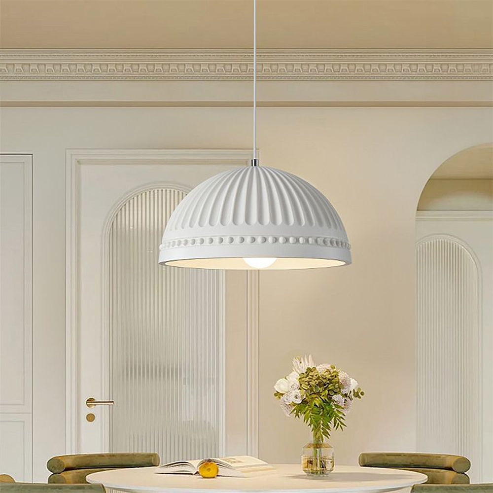 Classic White Dome Pendant Light with Ornamental Grooves