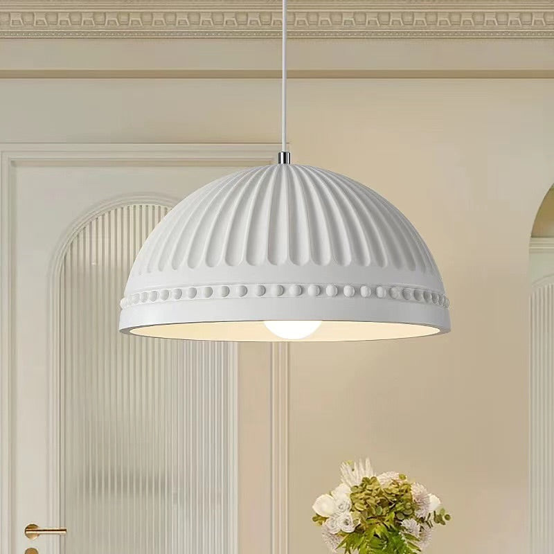 Classic White Dome Pendant Light with Ornamental Grooves