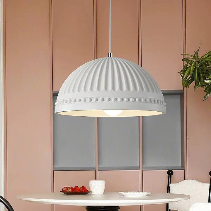 Classic White Dome Pendant Light with Ornamental Grooves