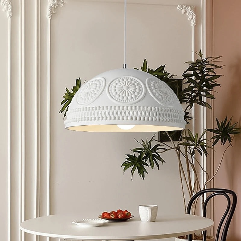 Decorative White Dome Pendant Light with Floral Ornaments