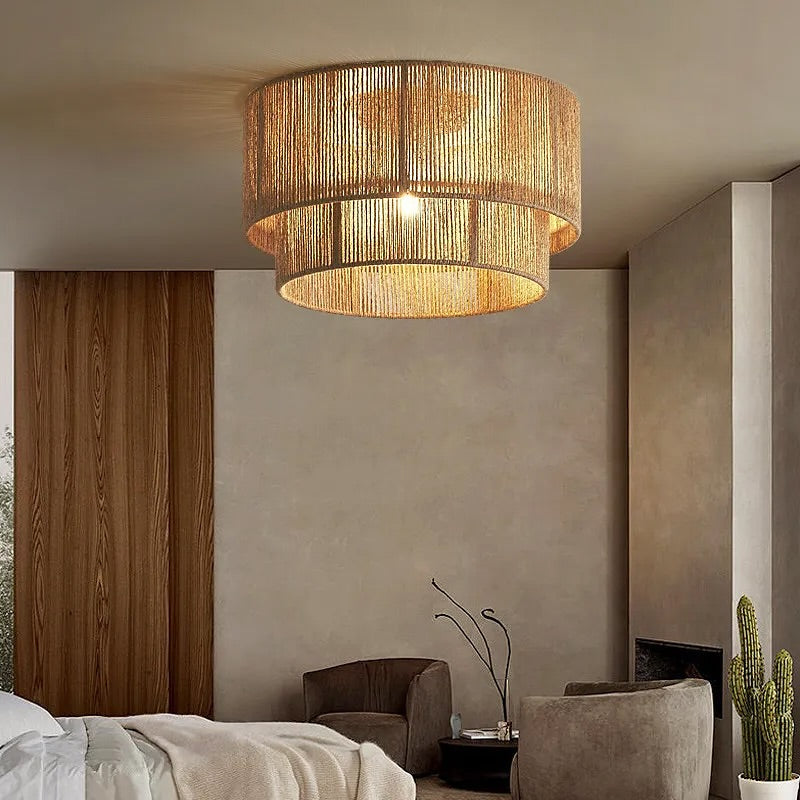 Double-Tiered Woven Ceiling Light with Rustic Design