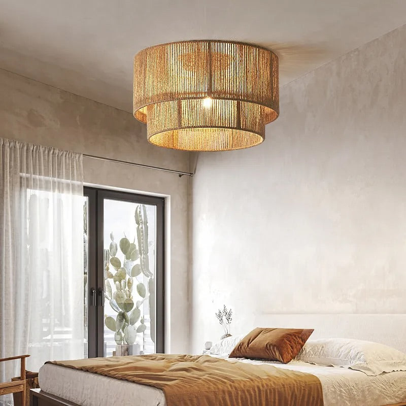 Double-Tiered Woven Ceiling Light with Rustic Design