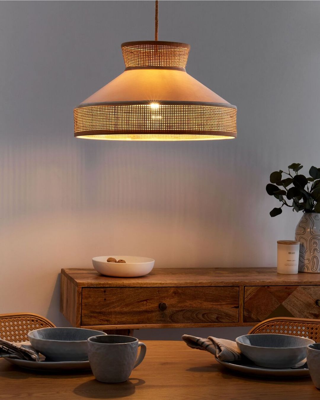 Wide Funnel Pendant Light with Woven Mesh Design