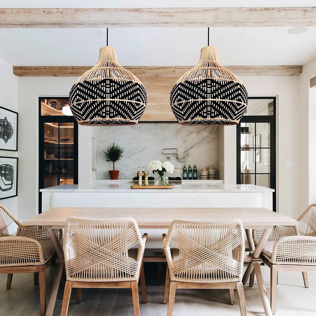 Bohemian Woven bamboo Pendant Light with Black and Natural Design