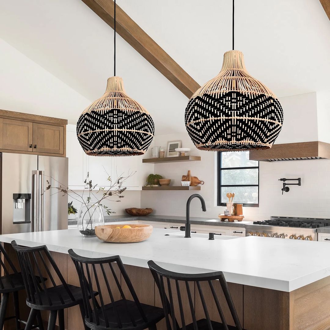 Bohemian Woven bamboo Pendant Light with Black and Natural Design