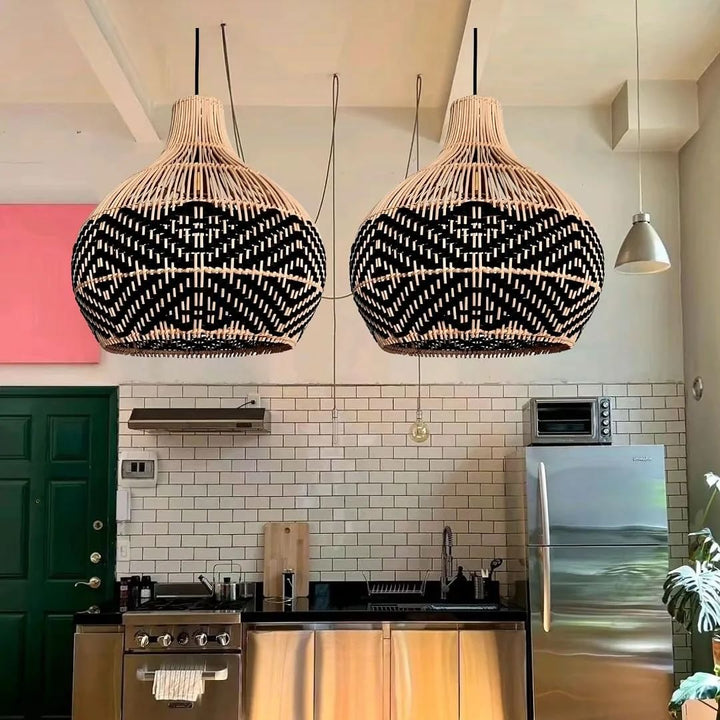 Bohemian Woven bamboo Pendant Light with Black and Natural Design