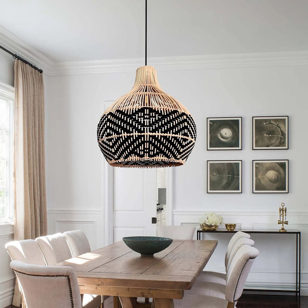 Bohemian Woven bamboo Pendant Light with Black and Natural Design